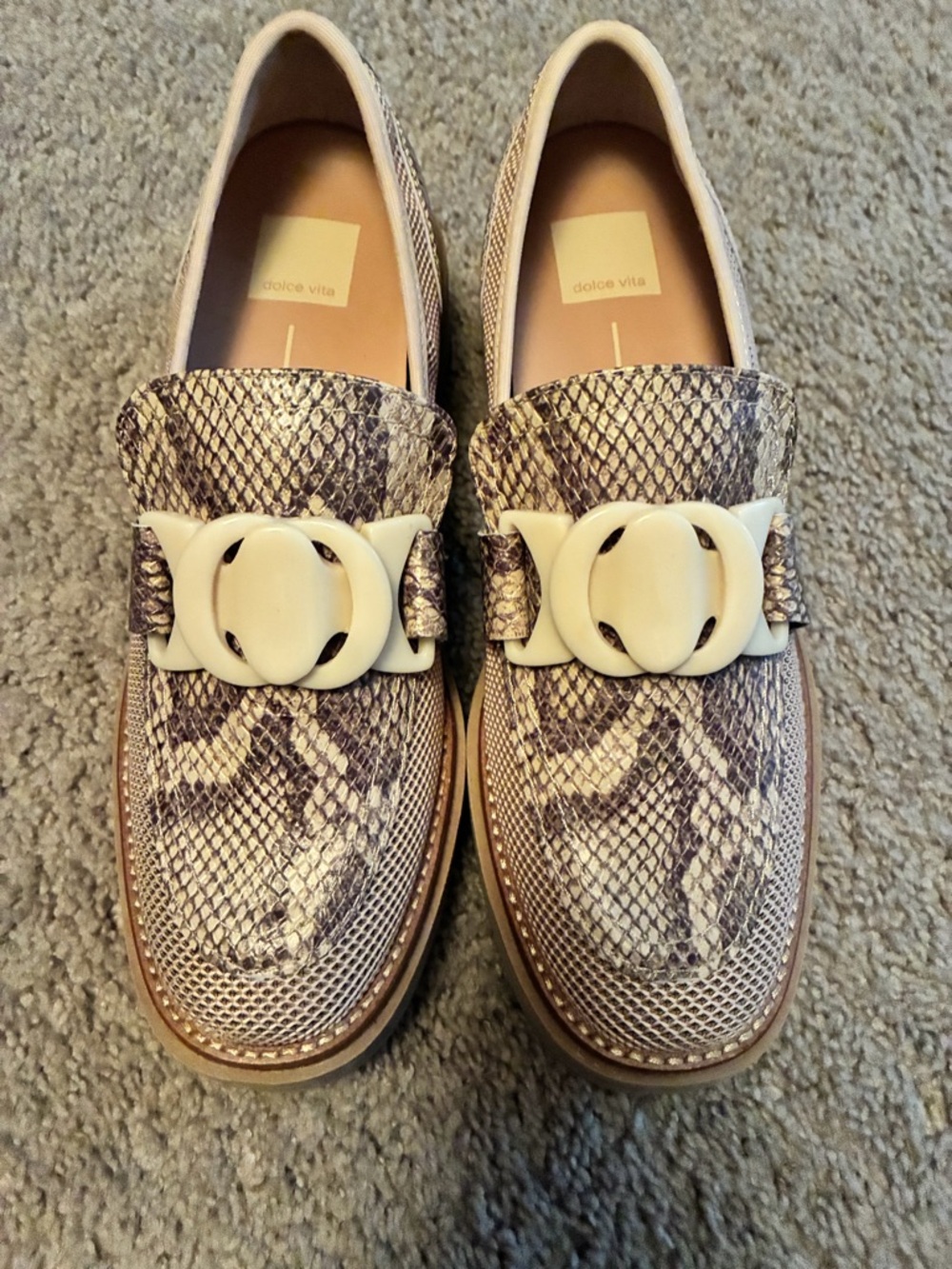 Dolce Vita Neutral Snake-Print Loafers with Cream Buckle